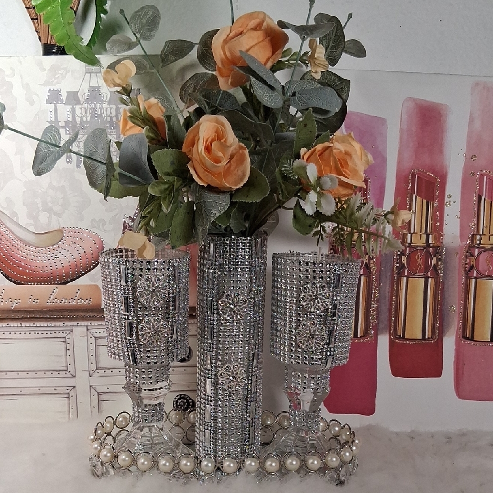 Flowers  Arrangement Bouquet with 2 candles and mirror Tray Set of 4 pcs